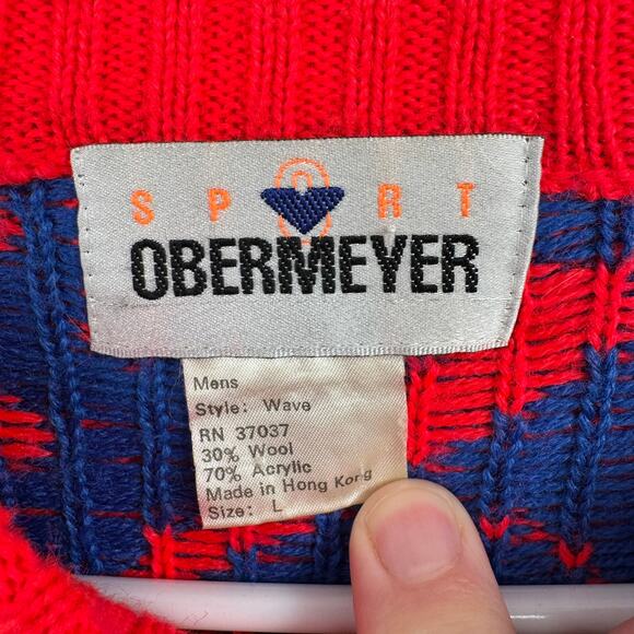 Vintage 80s Obermeyer Sport Crewneck Ski Sweater Mens Large Florescent Red Blue - Picture 8 of 13
